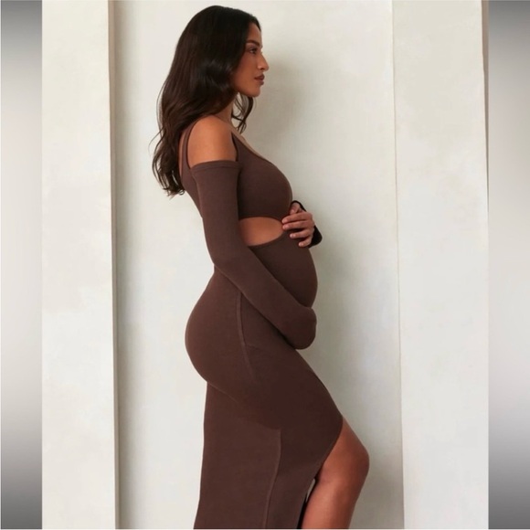 Bumpsuit The Sculpting Rib Long Sleeve Cut-Out Brown Maxi Dress M - Picture 4 of 12